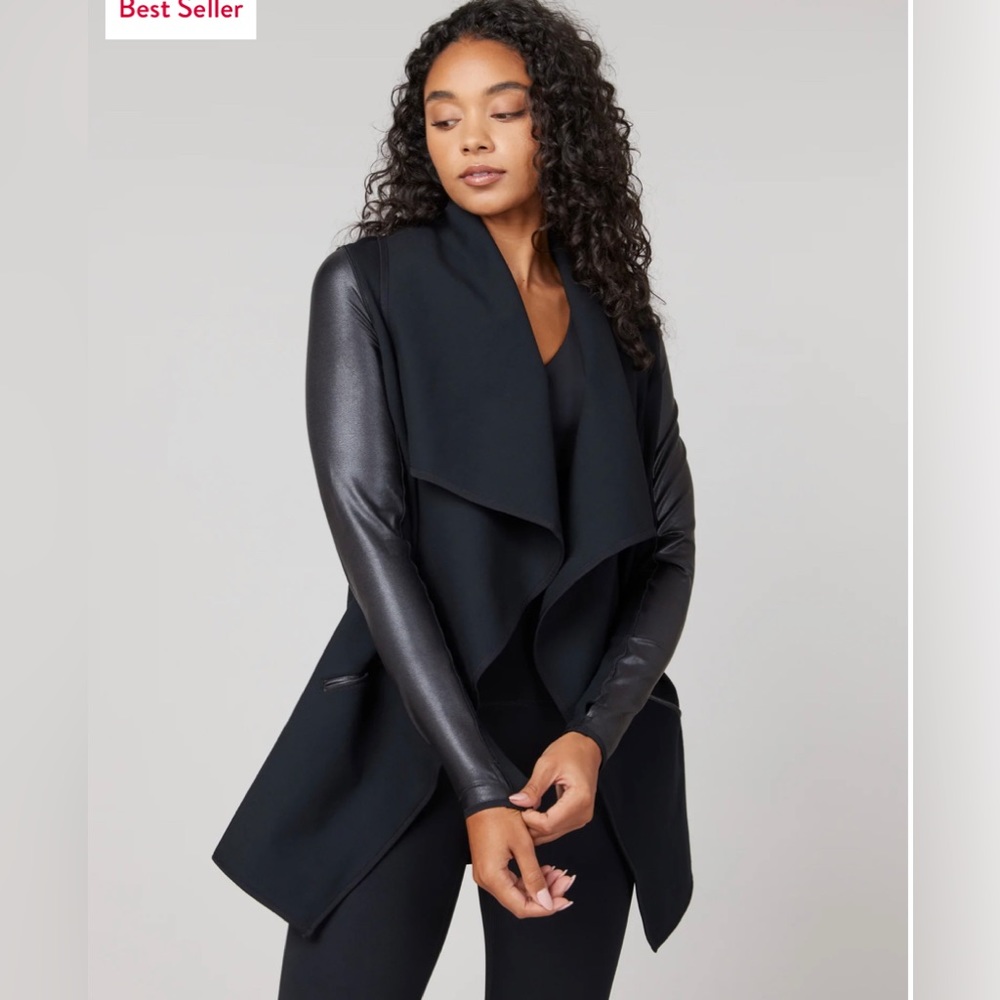 SPANX Black Draped Open-Front Blazer with Faux-Leather Sleeves
